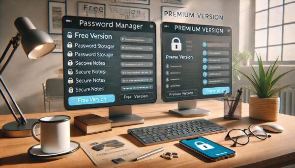 Vergleich von kostenloser und kostenpflichtiger Passwort-Manager-Version mit unterschiedlichen Funktionen.