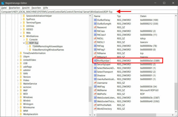 Windows-Registry zeigt die Option, den RDP-Port zu ändern für mehr Sicherheit