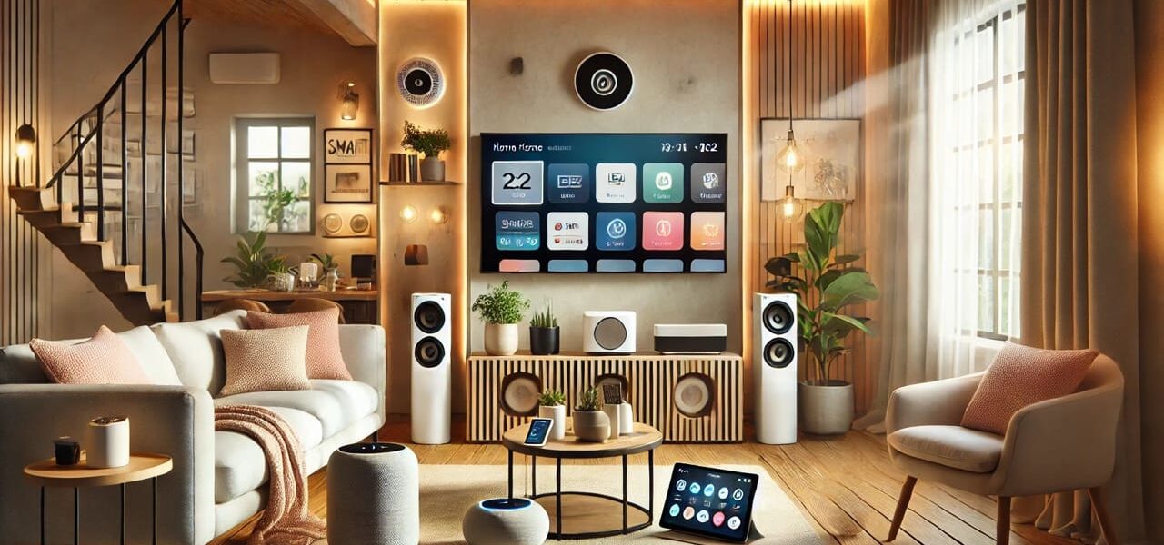 Modernes Wohnzimmer mit verschiedenen Smart-Home-Geräten wie TV, Lautsprecher, Beleuchtung und Tablet zur Steuerung.