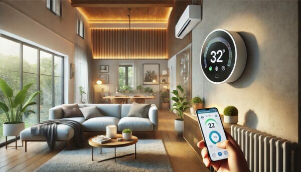 Wohnzimmer mit smartem Thermostat, gesteuert per Smartphone, für Energieeinsparungen.