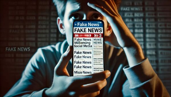 Smartphone mit Fake News in sozialen Medien, besorgte Person im Hintergrund, symbolisiert Verwirrung durch Fehlinformationen