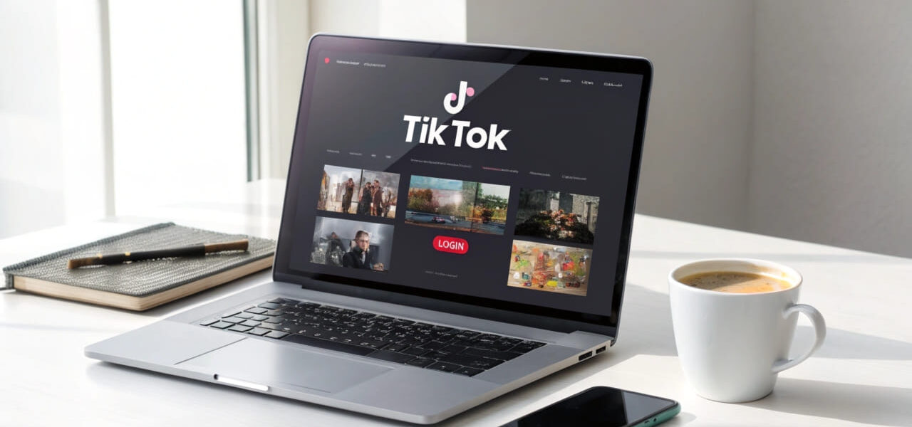 Laptop mit geöffneter TikTok-Website auf einem Schreibtisch – TikTok am PC nutzen.