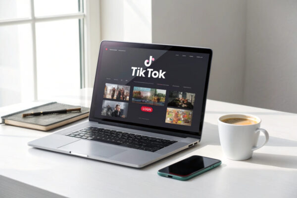 Laptop mit geöffneter TikTok-Website auf einem Schreibtisch – TikTok am PC nutzen.