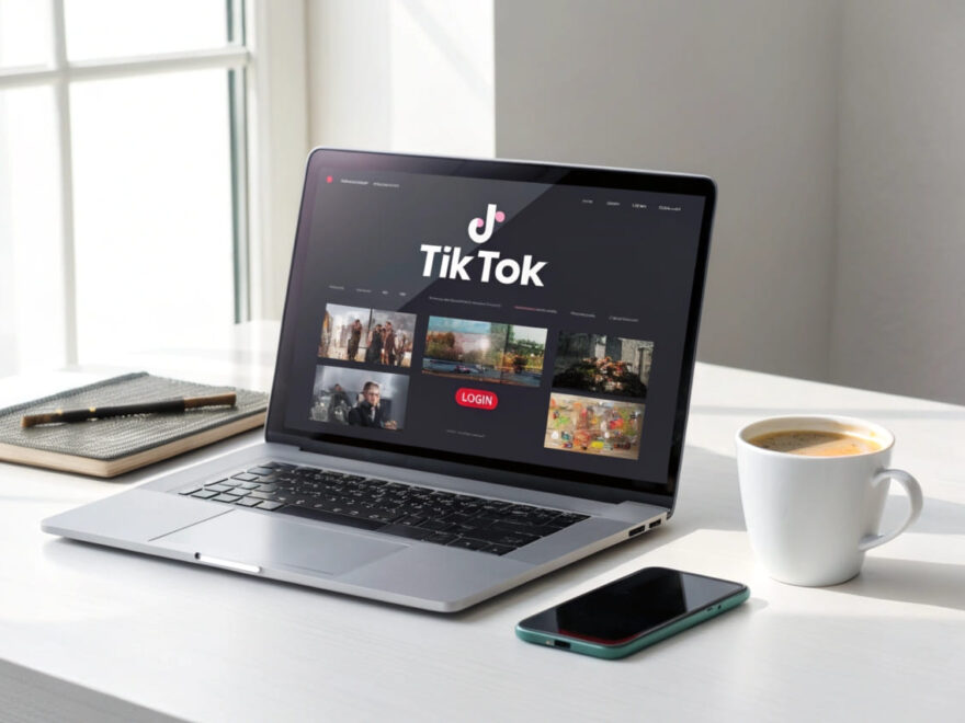 Laptop mit geöffneter TikTok-Website auf einem Schreibtisch – TikTok am PC nutzen.