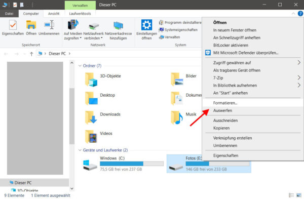 Rechtsklick-Menü im Windows Explorer zeigt die Option zum Formatieren eines USB-Sticks