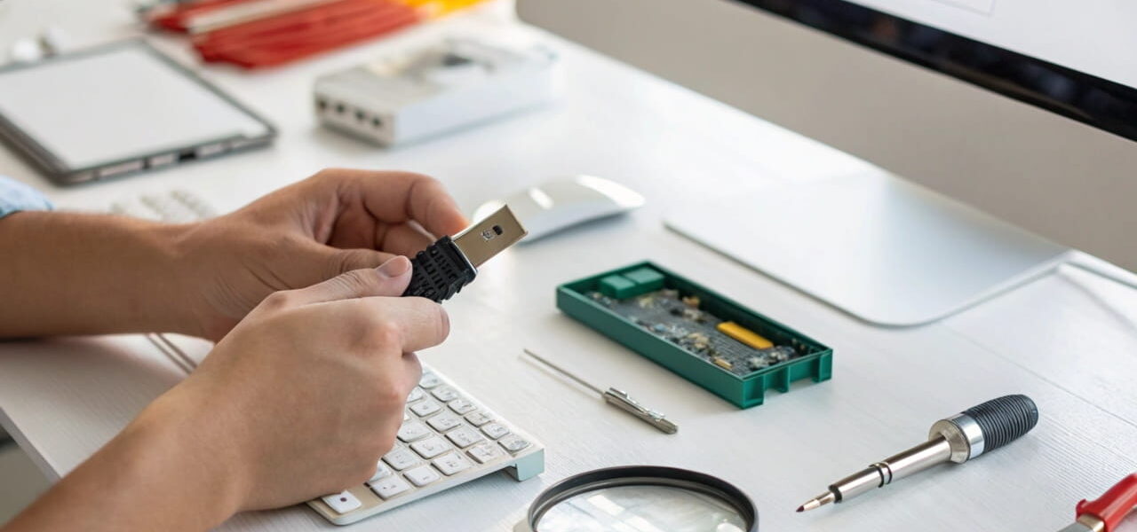 Person repariert einen USB-Stick mit Werkzeug an einem Schreibtisch