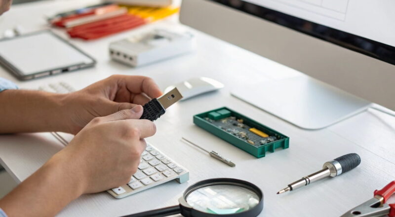 Person repariert einen USB-Stick mit Werkzeug an einem Schreibtisch