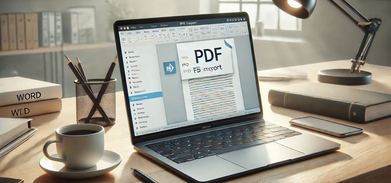 Laptop zeigt Word-Dokument, das in PDF umgewandelt wird, auf modernem Schreibtisch