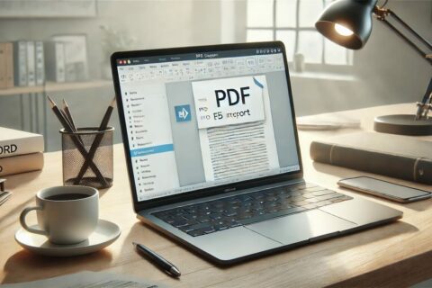 Laptop zeigt Word-Dokument, das in PDF umgewandelt wird, auf modernem Schreibtisch