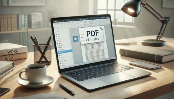 Laptop zeigt Word-Dokument, das in PDF umgewandelt wird, auf modernem Schreibtisch