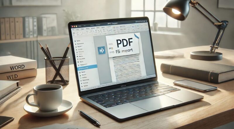 Laptop zeigt Word-Dokument, das in PDF umgewandelt wird, auf modernem Schreibtisch