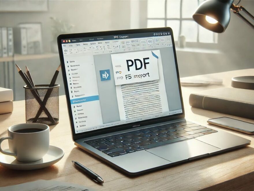 Laptop zeigt Word-Dokument, das in PDF umgewandelt wird, auf modernem Schreibtisch