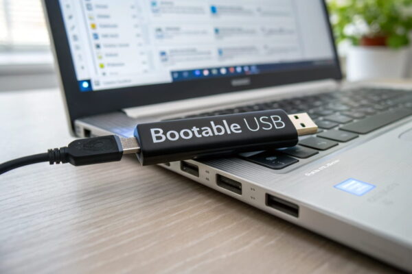 Bootfähigen USB-Stick erstellen: USB-Stick mit Laptop und Boot-Menü