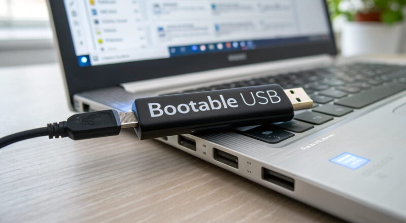 Bootfähigen USB-Stick erstellen: USB-Stick mit Laptop und Boot-Menü