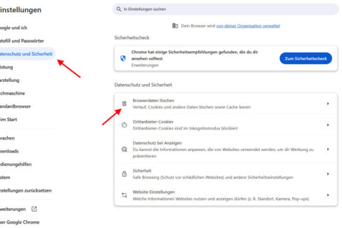 Screenshot der Chrome-Einstellungen mit hervorgehobener Option ‚Browserdaten löschen‘ unter Datenschutz und Sicherheit.