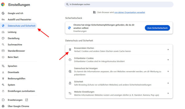 Screenshot der Chrome-Einstellungen mit hervorgehobener Option ‚Browserdaten löschen‘ unter Datenschutz und Sicherheit.