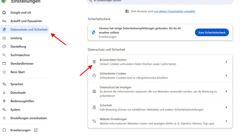 Screenshot der Chrome-Einstellungen mit hervorgehobener Option ‚Browserdaten löschen‘ unter Datenschutz und Sicherheit.