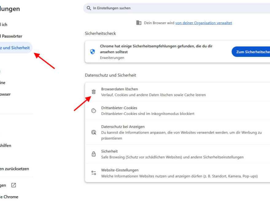 Screenshot der Chrome-Einstellungen mit hervorgehobener Option ‚Browserdaten löschen‘ unter Datenschutz und Sicherheit.