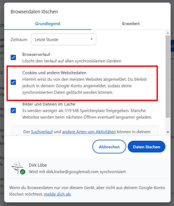 Screenshot der Chrome-Option zum Löschen von Cookies und anderen Websitedaten im Dialog ‚Browserdaten löschen‘.