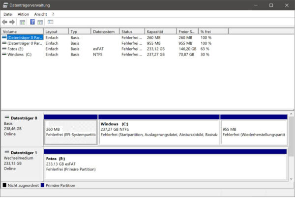 Windows-Datenträgerverwaltung zeigt mehrere Partitionen mit Details wie Dateisystem, Kapazität und freiem Speicherplatz.