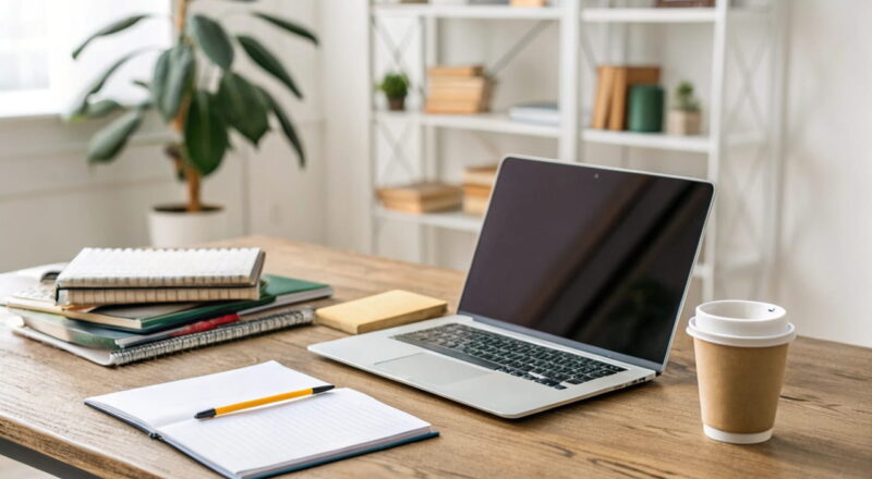 Moderner Schreibtisch mit Laptop, Notizbüchern und Kaffeetasse – ideale IT-Lösungen für Studierende in einem organisierten Arbeitsumfeld.