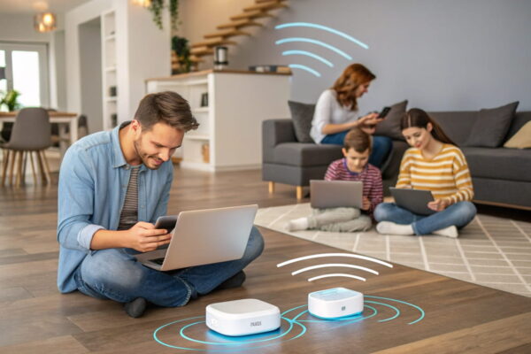 Familie und Technikbegeisterter nutzen stabilen WLAN-Zugang mit einem Mesh-WLAN-System in einem modernen Zuhause.