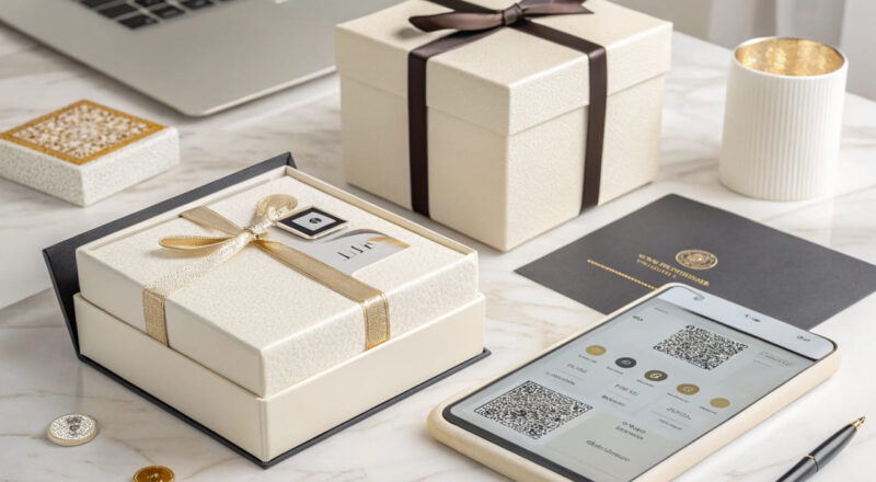 Elegante Geschenkverpackung mit moderner Technologie, QR-Codes und holographischen Elementen in einem Studio-Setting.