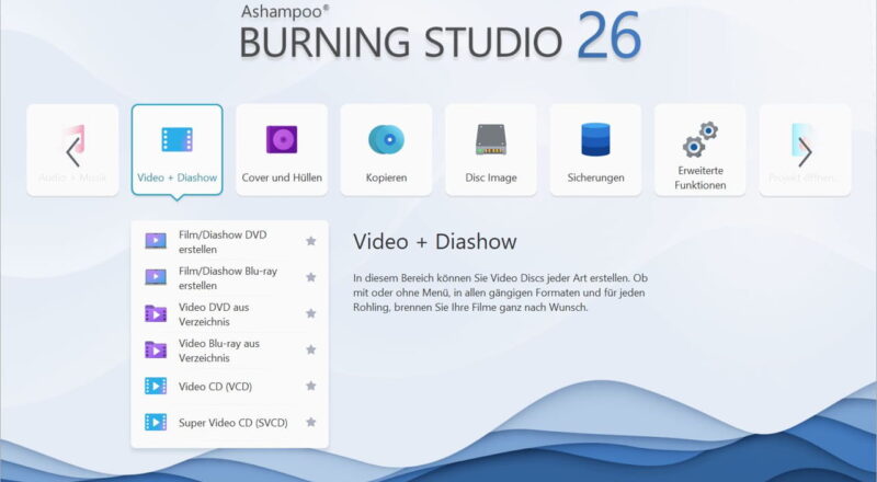 Ashampoo Burning Studio 26 Hauptmenü