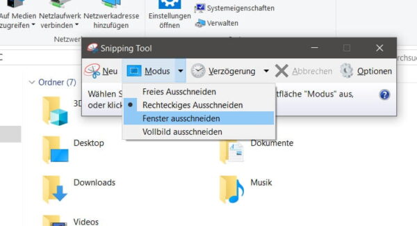 Snipping Tool: Modusauswahl für verschiedene Screenshot-Typen