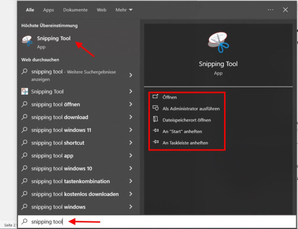Snipping Tool öffnen: Übersicht der Suchergebnisse und Optionen