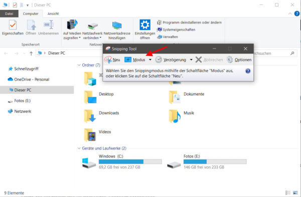 Snipping Tool: Screenshot erstellen mit Modus- und Neu-Optionen