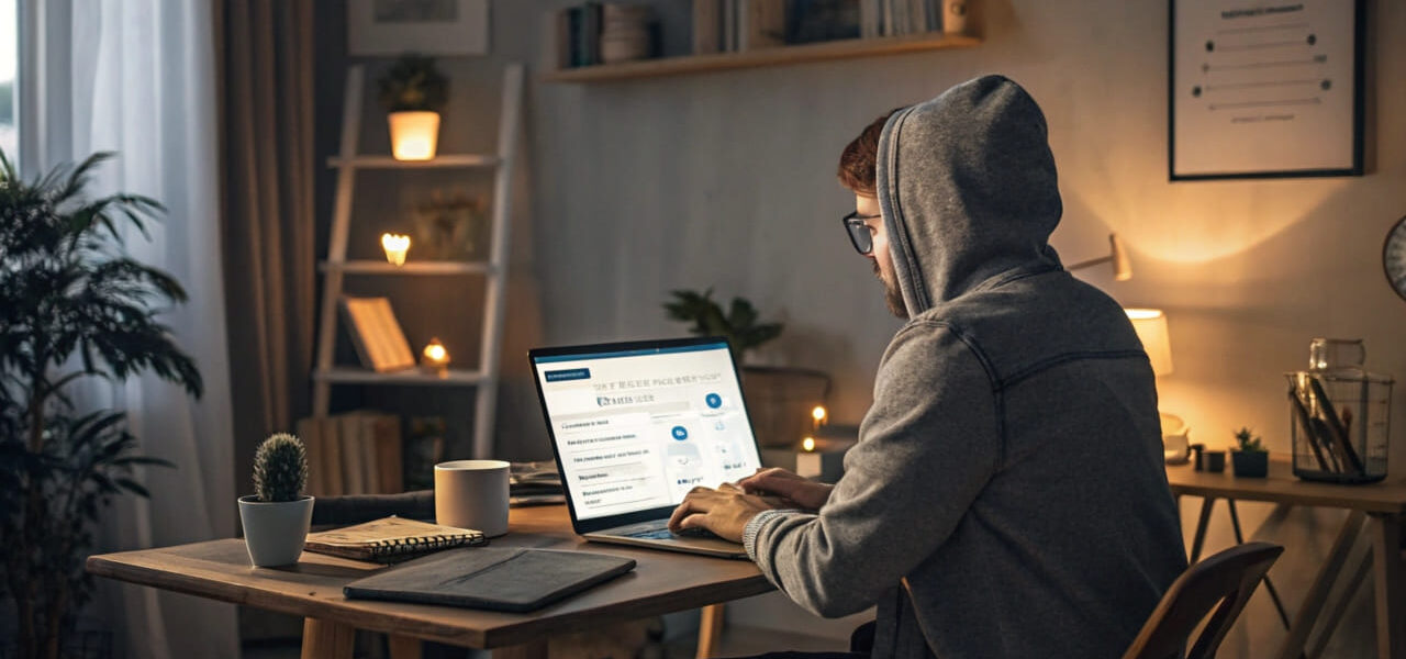 Eine Person am Laptop in einem Homeoffice, die im Browser den Suchverlauf löscht, symbolisiert Privatsphäre und digitale Sicherheit.