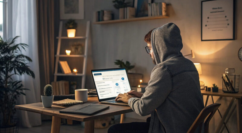 Eine Person am Laptop in einem Homeoffice, die im Browser den Suchverlauf löscht, symbolisiert Privatsphäre und digitale Sicherheit.