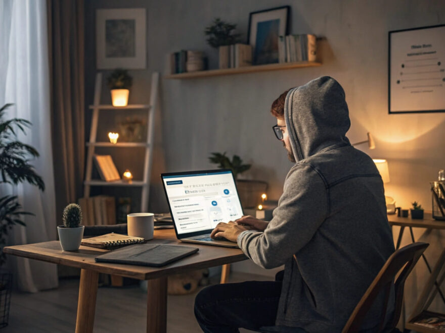 Eine Person am Laptop in einem Homeoffice, die im Browser den Suchverlauf löscht, symbolisiert Privatsphäre und digitale Sicherheit.