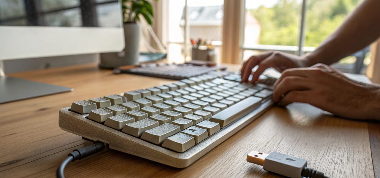 Person trennt eine Tastatur vom USB-Anschluss auf einem Schreibtisch, um ein Verbindungsproblem zu beheben.