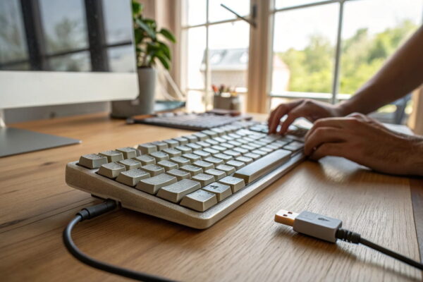 Person trennt eine Tastatur vom USB-Anschluss auf einem Schreibtisch, um ein Verbindungsproblem zu beheben.