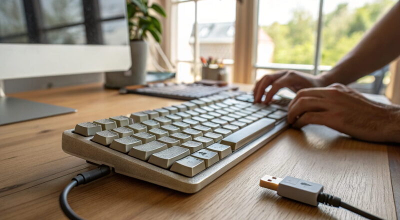 Person trennt eine Tastatur vom USB-Anschluss auf einem Schreibtisch, um ein Verbindungsproblem zu beheben.