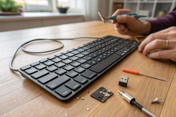 Defekte Tastatur mit fehlender Taste und beschädigtem Kabel, während jemand versucht, sie zu reparieren.