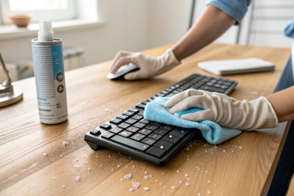 Person reinigt eine Tastatur mit einem Mikrofasertuch und Druckluft, um Staub und Schmutz zu entfernen.