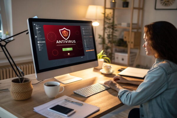 Ein Desktop-PC zeigt eine Antivirus-Software mit einem erkannten Bedrohungshinweis in Rot. Ein besorgter Nutzer sitzt am Schreibtisch.