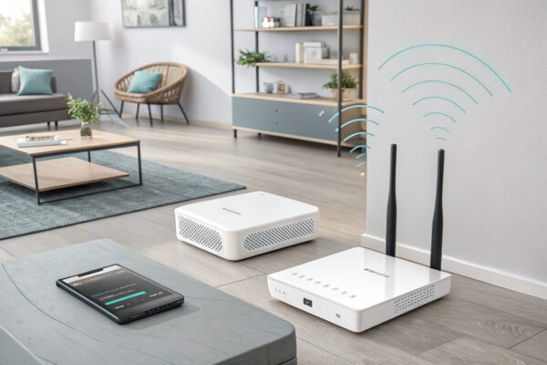 Illustration moderne WLAN Mesh-Systeme mit Router und Satellitenknoten in einem stilvollen Zuhause.