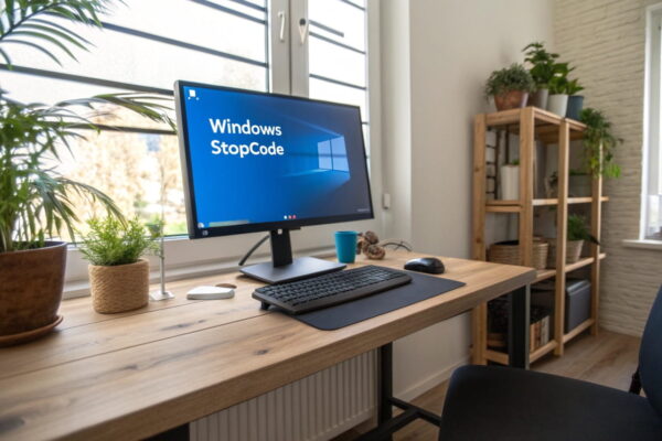 Computerbildschirm mit einem Windows Stopcode auf blauem Hintergrund in einem modernen Homeoffice.