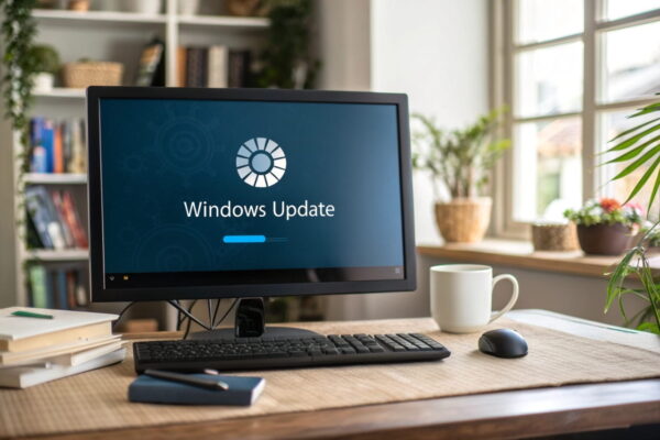 Windows Update hängt auf einem Desktop-Bildschirm in einem Home-Office-Setup.