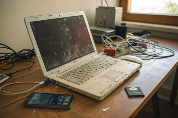 Ein alter, staubiger Laptop mit abgenutzter Tastatur und veralteten Programmsymbolen, der die Gründe für langsame Leistung zeigt.