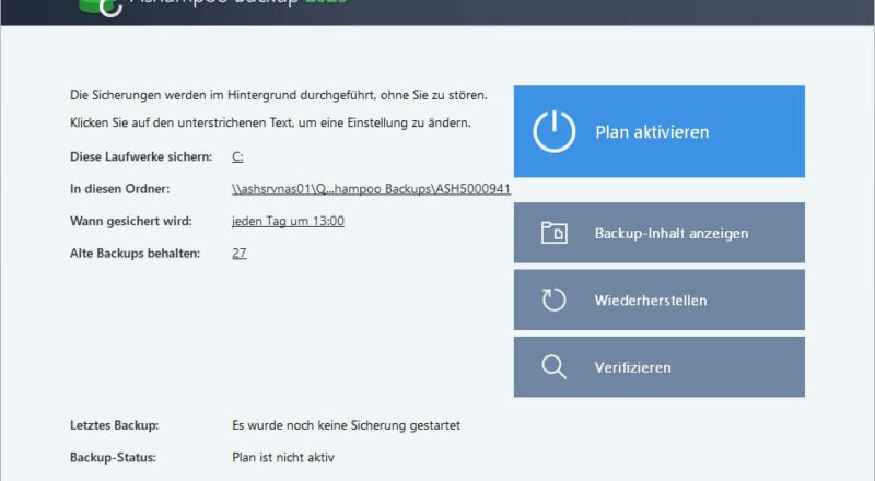 Screenshot der Benutzeroberfläche von Ashampoo Backup 2025 mit Einstellungen für automatische Datensicherungen.