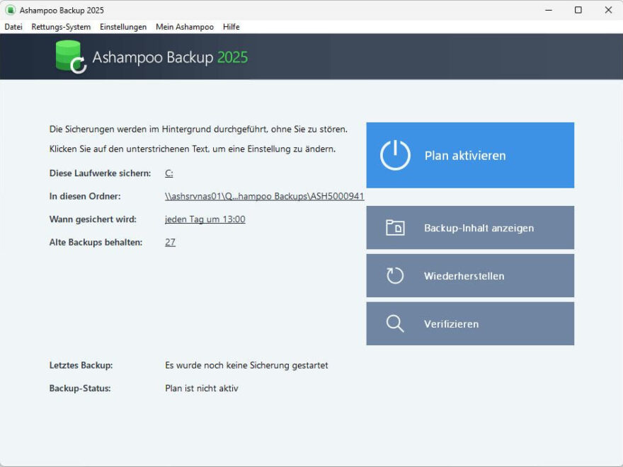 Screenshot der Benutzeroberfläche von Ashampoo Backup 2025 mit Einstellungen für automatische Datensicherungen.