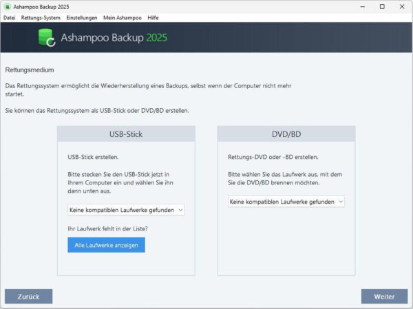 Screenshot der Rettungsmedien-Erstellung in Ashampoo Backup 2025 mit Optionen für USB-Stick und DVD/BD.