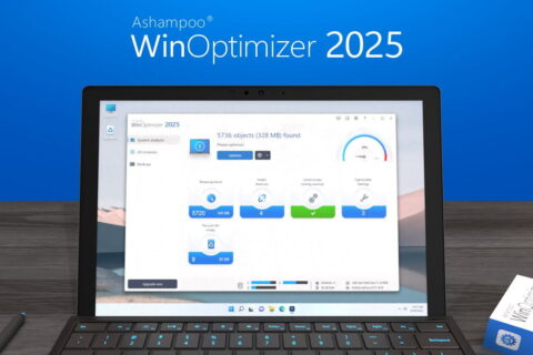 Screenshot der Benutzeroberfläche von Ashampoo WinOptimizer 2025 auf einem Laptop, der die Funktionen und Statistiken der Software zeigt.