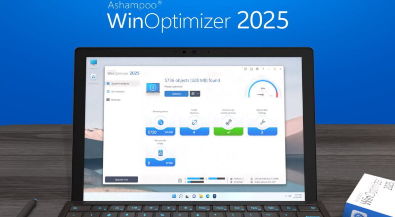 Screenshot der Benutzeroberfläche von Ashampoo WinOptimizer 2025 auf einem Laptop, der die Funktionen und Statistiken der Software zeigt.