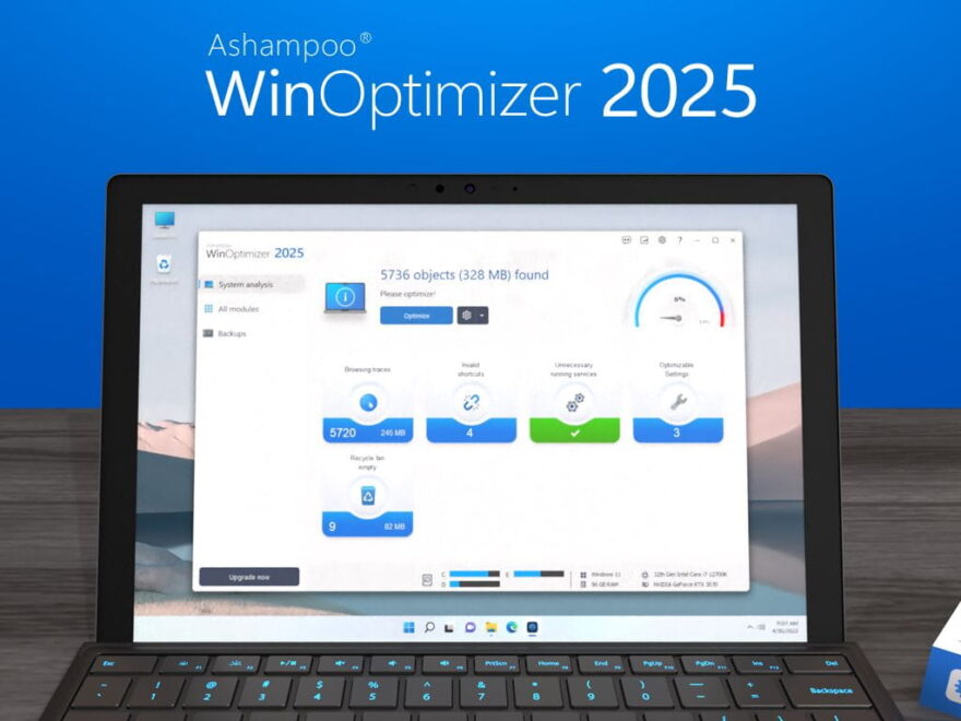 Screenshot der Benutzeroberfläche von Ashampoo WinOptimizer 2025 auf einem Laptop, der die Funktionen und Statistiken der Software zeigt.